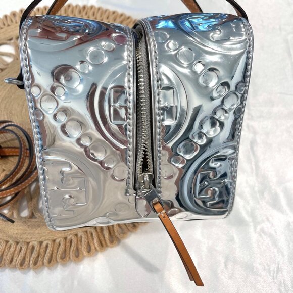 Limited Edition Tory Burch T Monogram Embossed Metallic Silver Cube Handbag - Picture 8 of 12